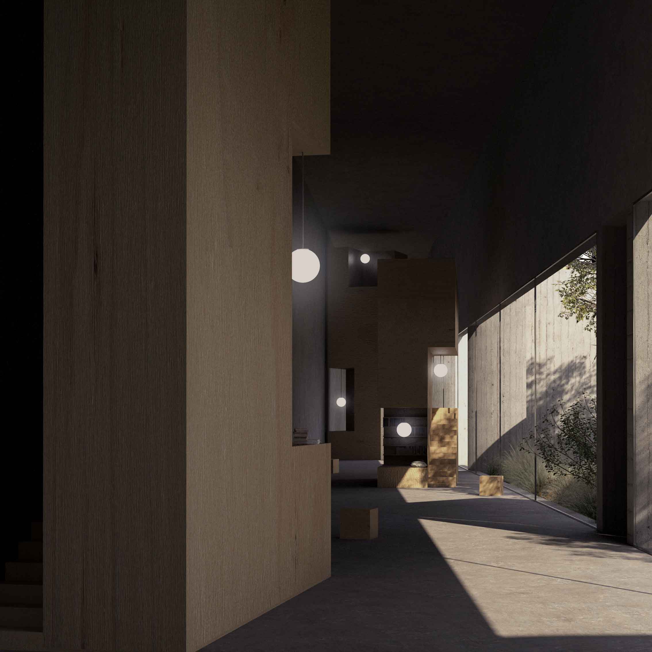 Modern interior with neutral tones, featuring seating areas, wooden floors, and large windows.