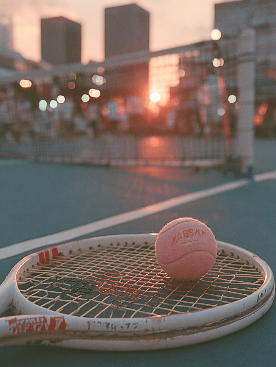 A vintage tennis racket and a pink tennis ball rest on a blue court as the city skyline blurs in the background, glowing with soft sunset bokeh.
