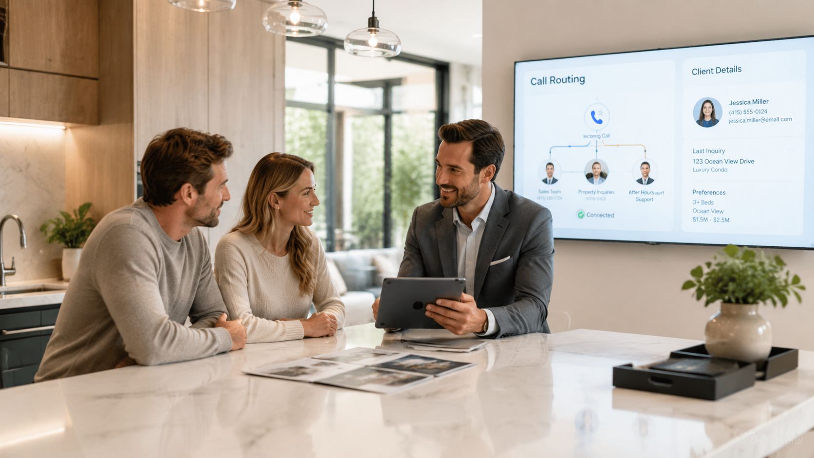 A professional real estate agent consults with a couple about property listings using a digital display screen.