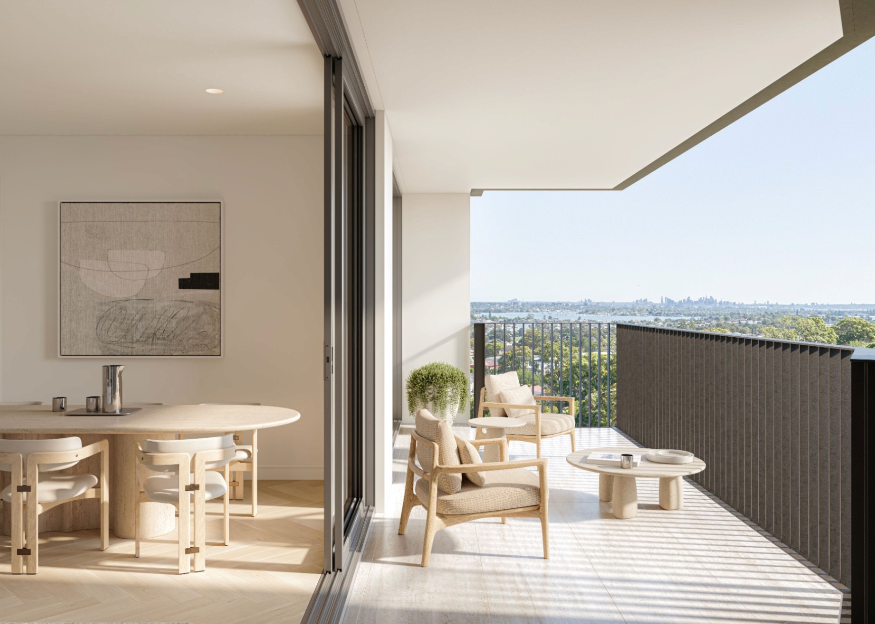 Open plan dining area flowing to a private balcony with district views and natural light