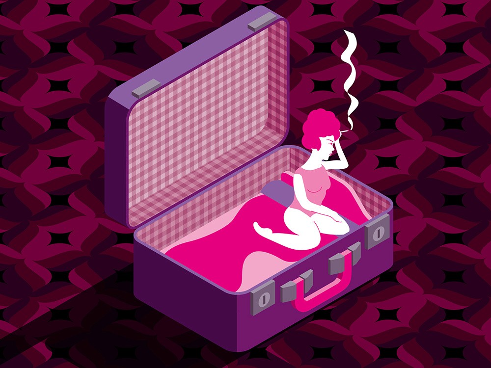 Magazine illustration depicting a woman sitting in a bed inside a oversized suitcase. It has an isometric perspective.