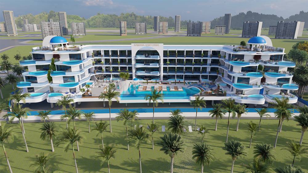 Rendering of Samana Santorini hotel set in a lush tropical resort, showcasing vibrant greenery and serene surroundings.