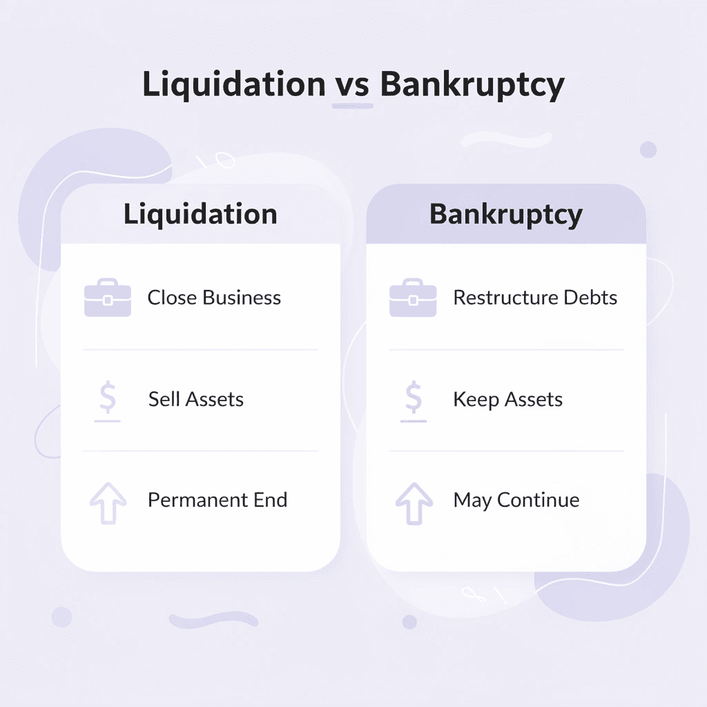 Comparison table showing differences between liquidation and bankruptcy - Liquidation vs Bankruptcy