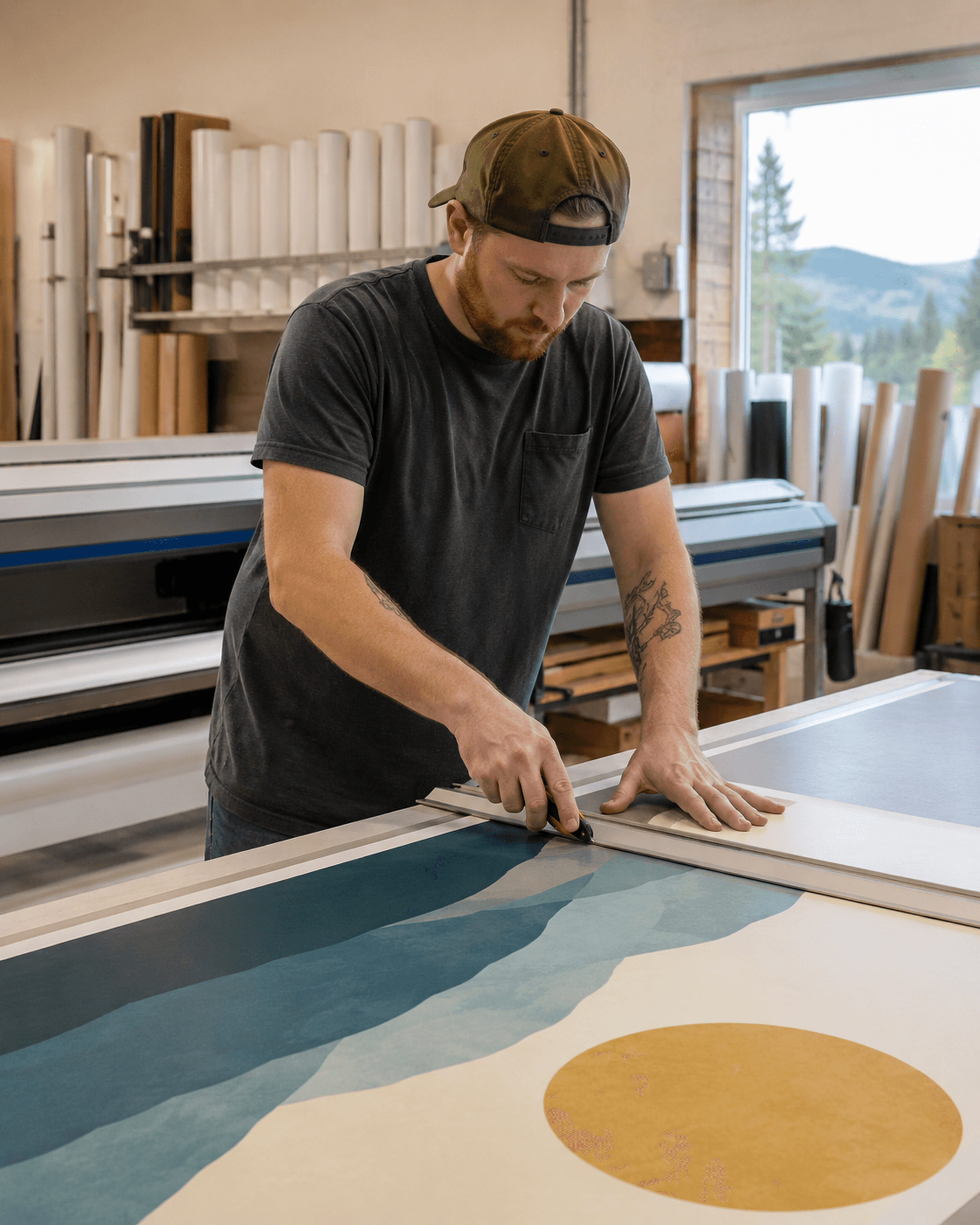 Print-shop operator trimming a finished order at a worktable inside an independent Montana business.