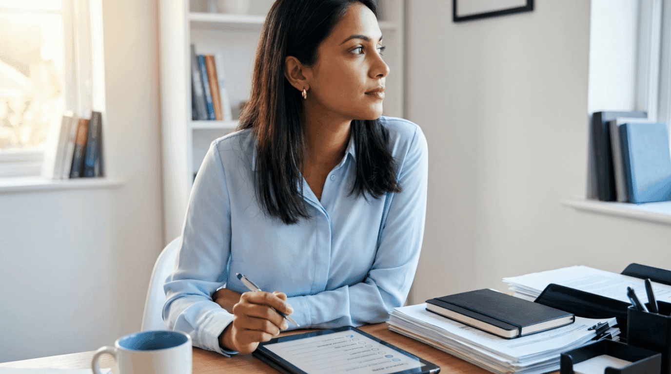 A parent sits at a home office desk reviewing a financial checklist on a tablet while taking notes, surrounded by organized documents and office supplies.