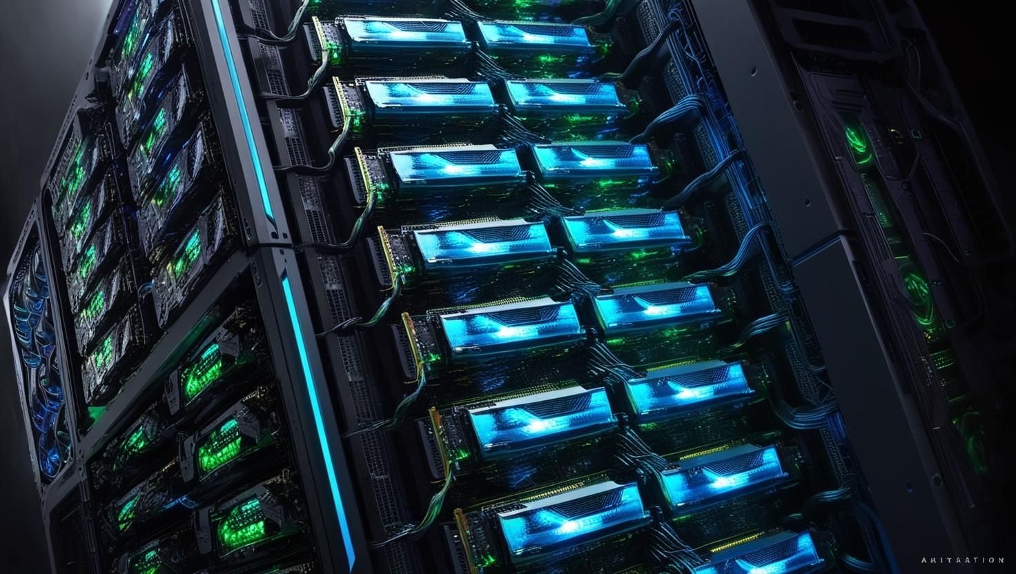 A powerful supercomputer running AI computations with rows of high-performance GPUs.
