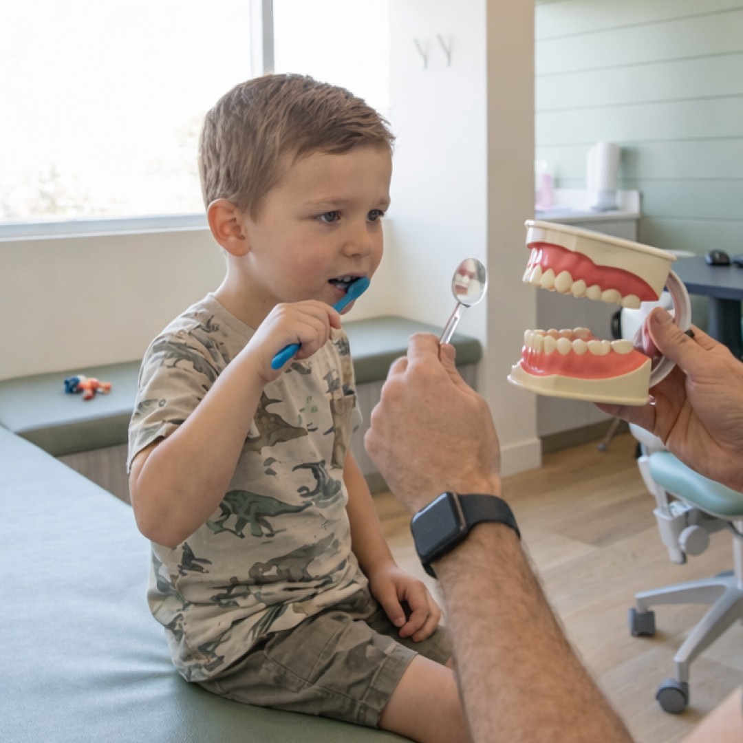 Bolton pediatric dentist using a dental model to explain brushing to a young patient in a calm, supportive environment.