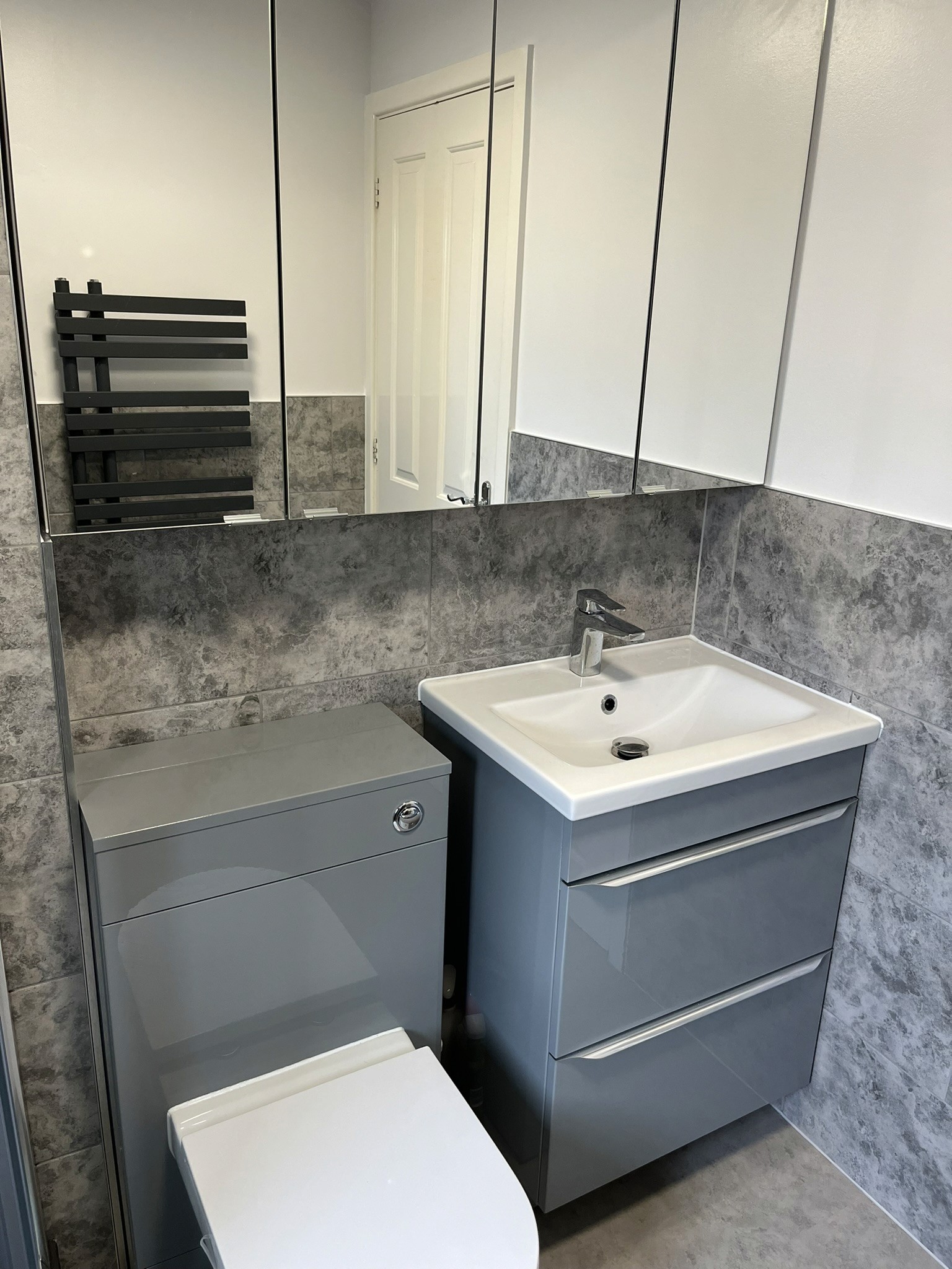 Grey bathroom vanity with a white basin, mirrored cabinet above and matching toilet surround.
