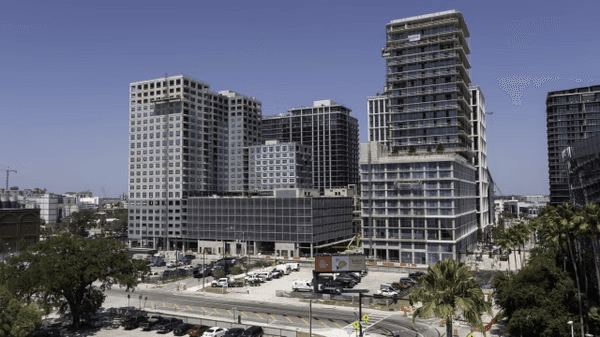 Aerial rendering of Water Street Tampa Phase 2 showing modern mixed-use development with high-rise buildings and open spaces