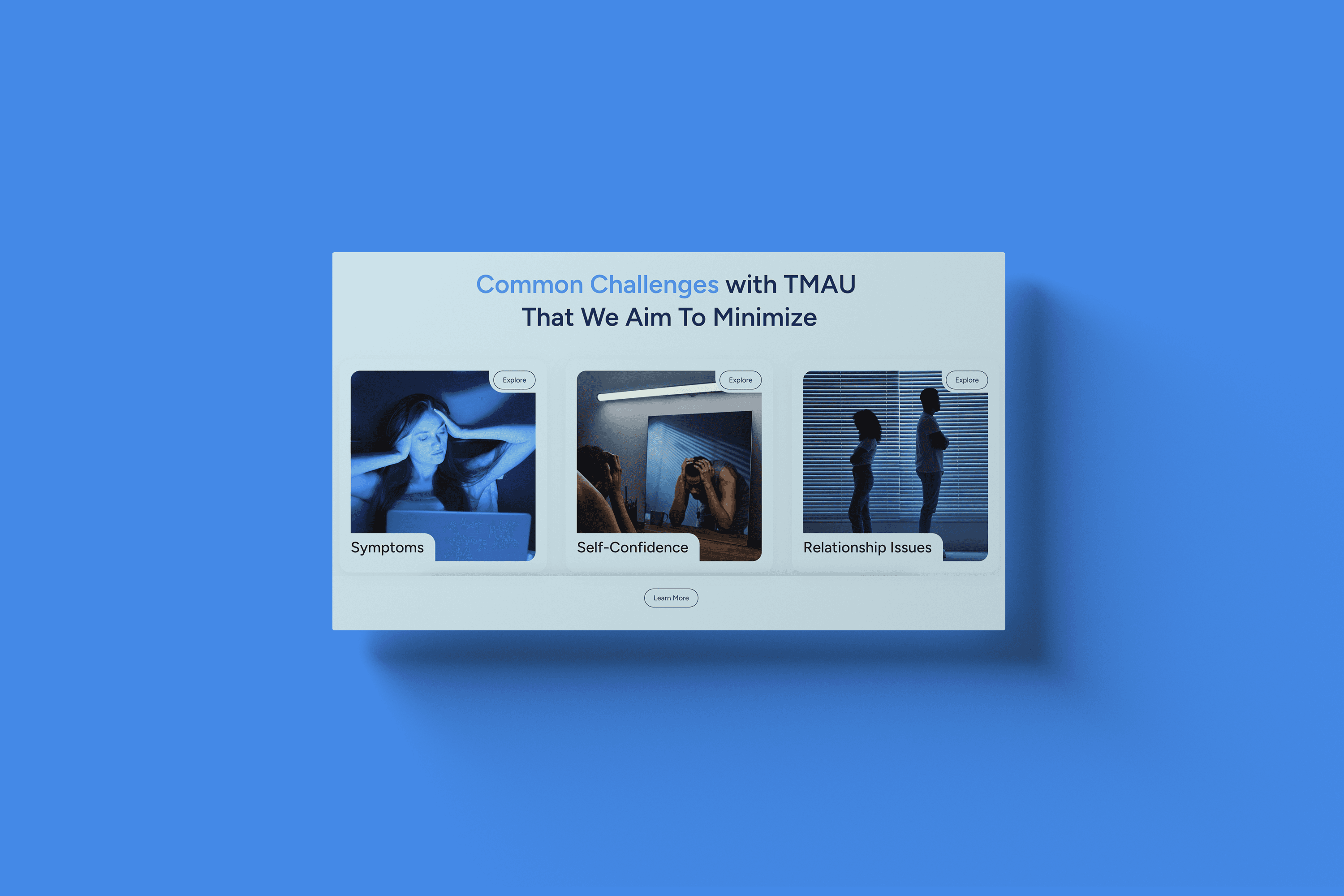 a screenshot of three symptoms boxes on a light blue biotech website with the rendering shown in front of a blue background