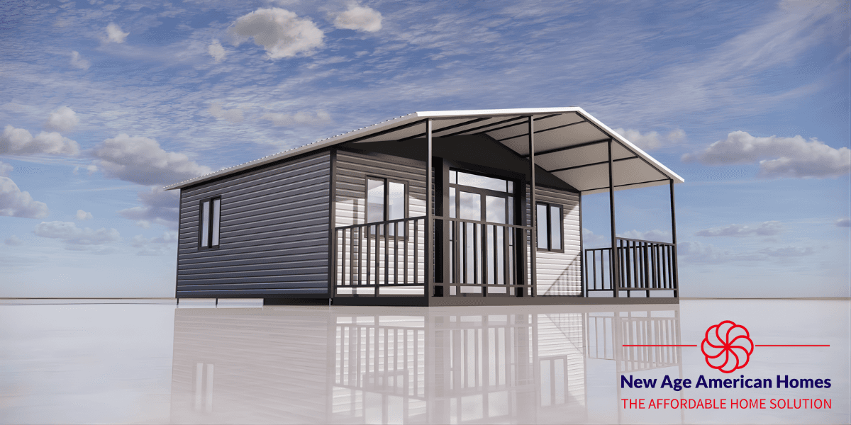 "New Age American Homes' affordable, efficient tiny home model, offering quick delivery and quality construction for modern living."