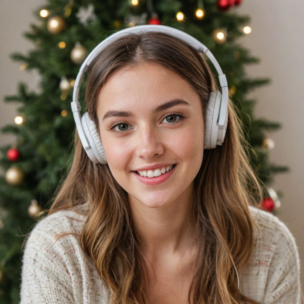 young woman wearing white headphones in front of xmas tree - caspa AI photo 