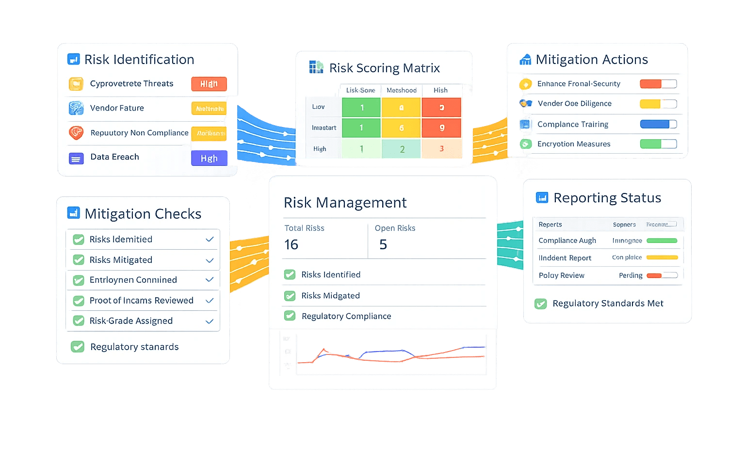 Ilustrasi enterprise risk management & compliance dashboard terintegrasi. Di sisi kiri, panel Risk Identification menampilkan daftar risiko seperti Cybersecurity Threats, Vendor Failure, Regulatory Non‑Compliance, dan Data Breach dengan level risiko berwarna. Di tengah atas terdapat Risk Scoring Matrix (Low–Medium–High) yang memetakan tingkat kemungkinan dan dampak. Di sisi kanan atas, panel Mitigation Actions menunjukkan tindakan pengendalian seperti Enhanced Firewall Security, Vendor Due Diligence, Compliance Training, dan Encryption Measures dengan indikator progres.  Bagian bawah menampilkan Mitigation Checks berupa checklist kepatuhan (risiko teridentifikasi, dimitigasi, penilaian risiko, standar regulasi), Risk Management Summary dengan total risiko (16) dan risiko terbuka (5) beserta grafik tren, serta Reporting Status yang menunjukkan status laporan kepatuhan, insiden, dan peninjauan kebijakan dengan indikator Regulatory Standards Met. Alur data berwarna menghubungkan seluruh modul, menggambarkan proses identifikasi, penilaian, mitigasi, dan pelaporan risiko secara end‑to‑end.
