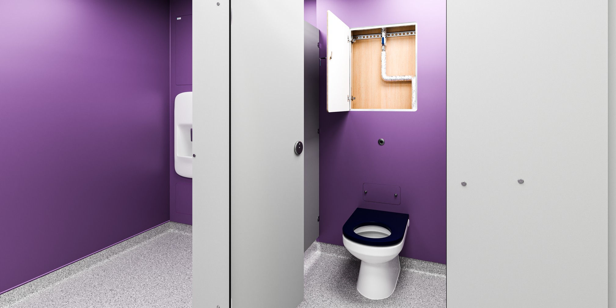 Hygipod anti-vandal WC hinged access service panels concealing pipework for easy manitenance