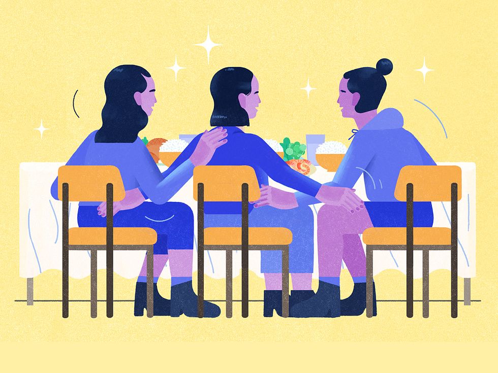 Illustration of a group of women sitting at a table enjoying a meal and having a good chat. The colors scheme of the illustration is cobalt with a pale yellow background