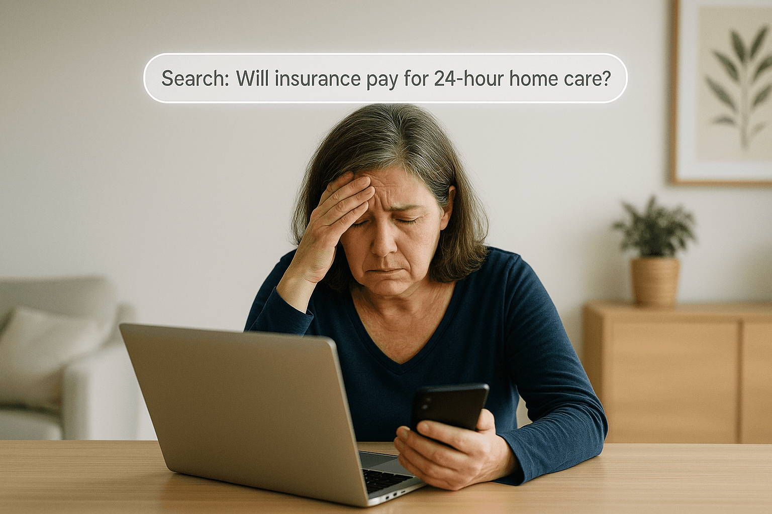 A stressed middle-aged woman sits in a dark kitchen lit by her laptop, with a glowing search bar above her that reads: “Will insurance pay for 24-hour home care?
