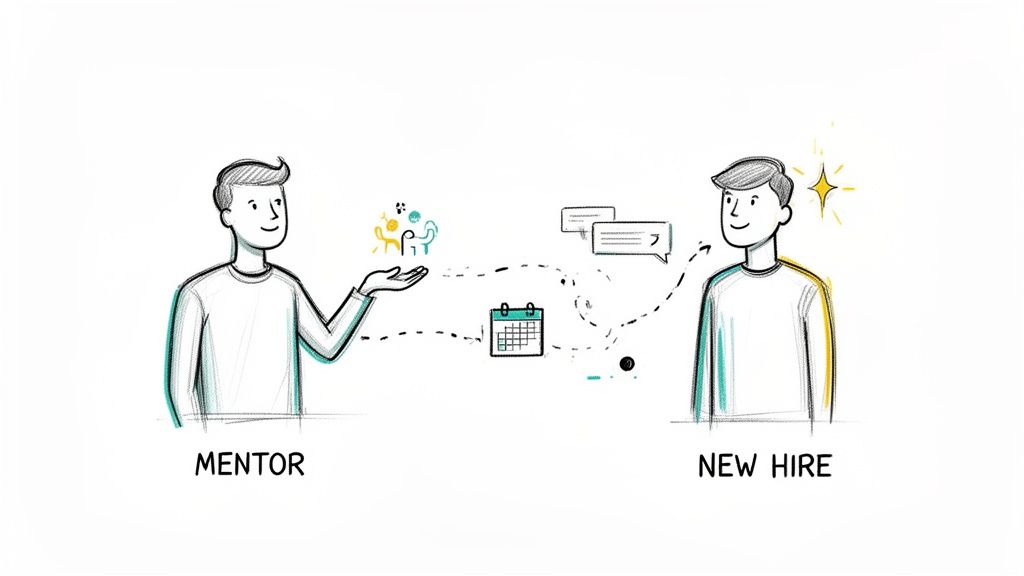 A mentor guides a new hire with support, communication, and scheduled meetings for successful onboarding.