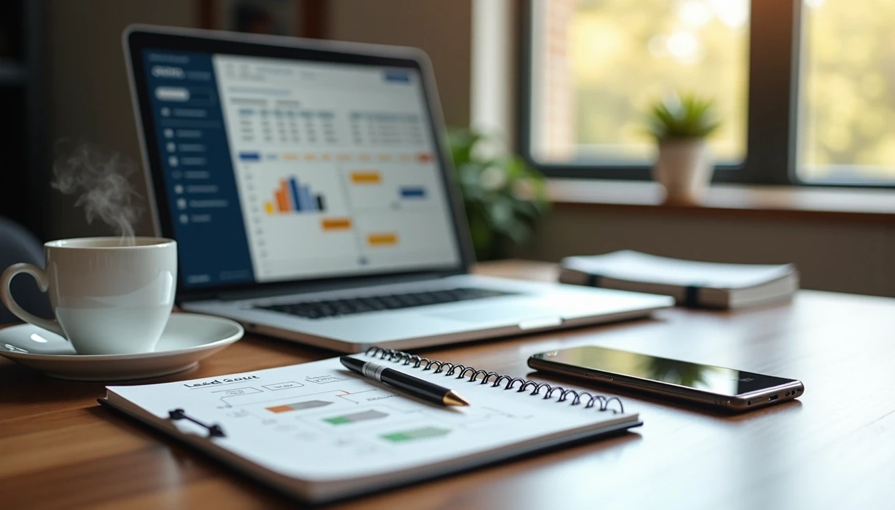 Workspace with a laptop showing CRM data, a notebook with lead flowcharts, a pen, a smartphone, and a steaming coffee cup.