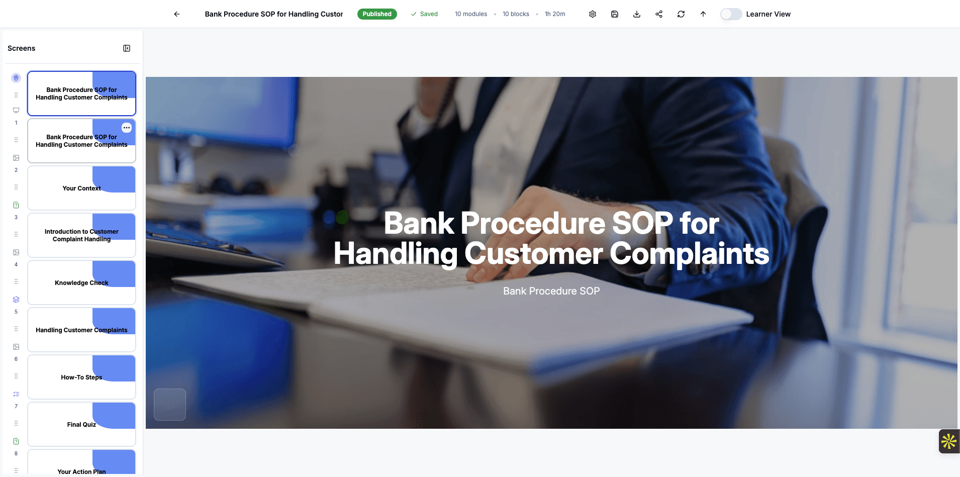 Your course title screen now displays the generated course name Bank Procedure SOP for Handling Customer Complaints.