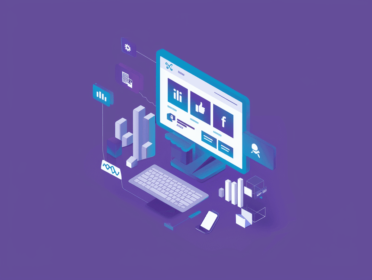 Graphic showing a computer with LinkedIn Ads analytics and tools on screen