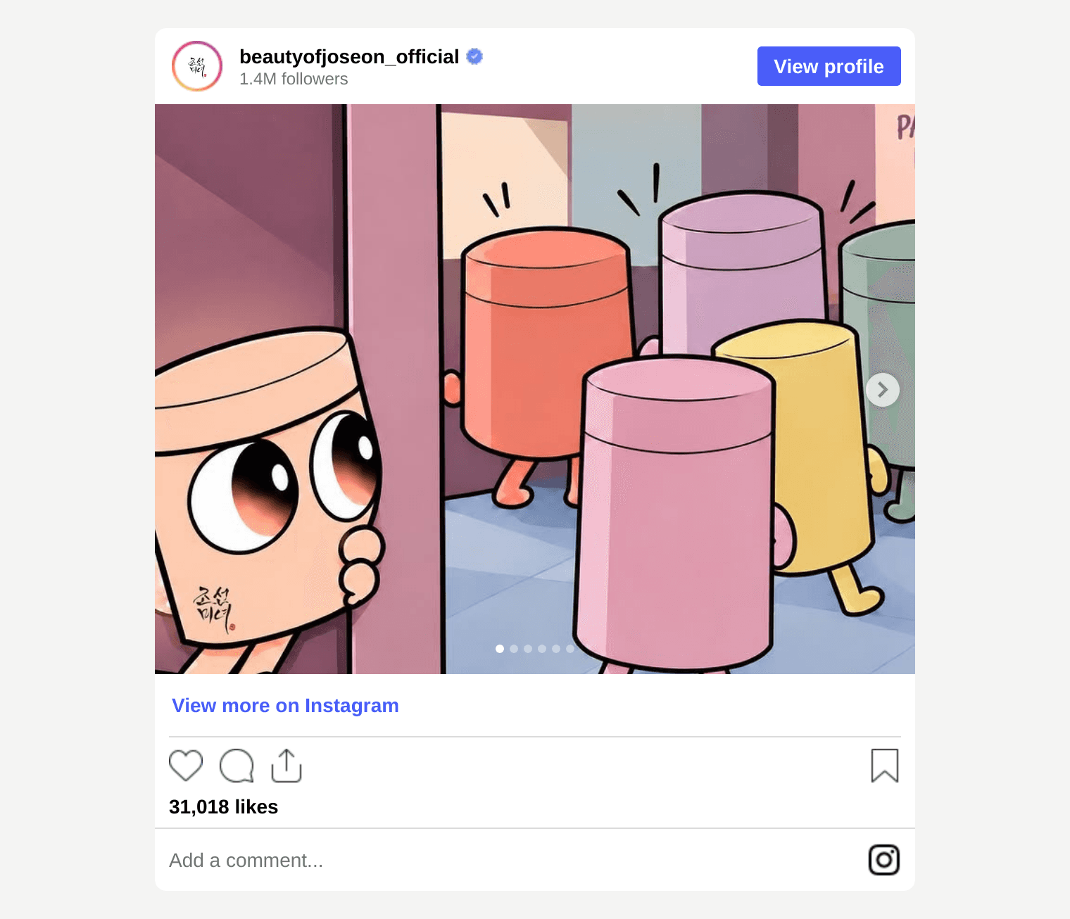 Beauty of Joseon Instagram post: a cartoon of colorful jars walking past while a Beauty of Joseon jar peeks around a corner