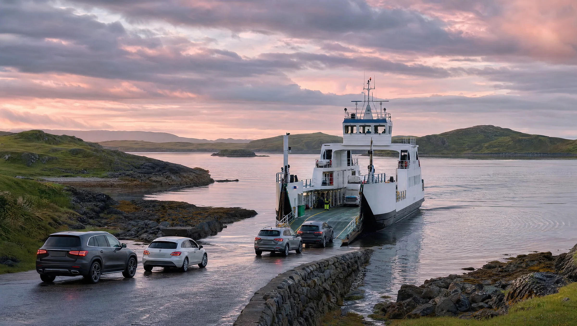 A small car ferry at a stone slipway with cars waiting on the shore at dusk