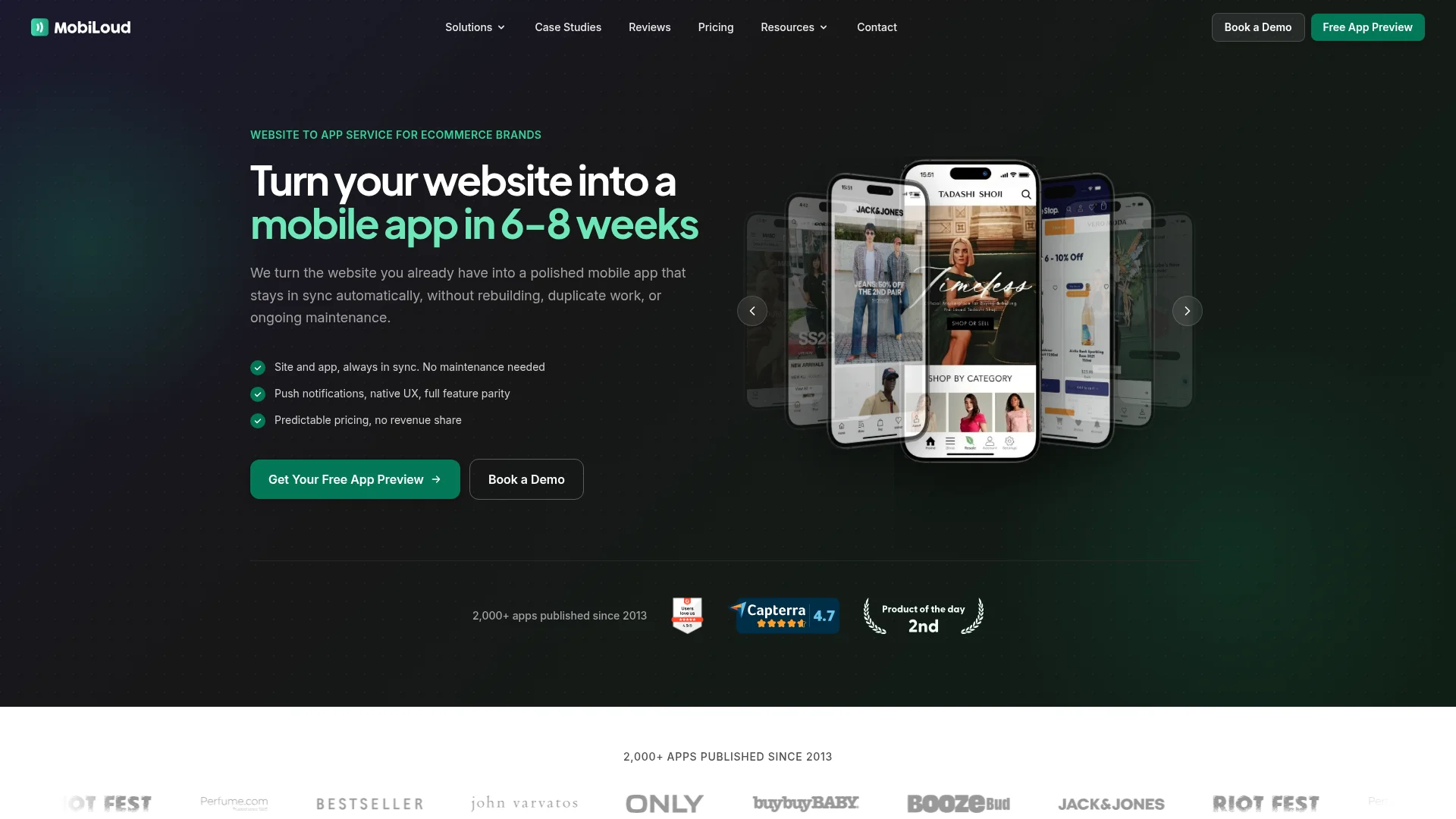 MobiLoud managed website to app service homepage