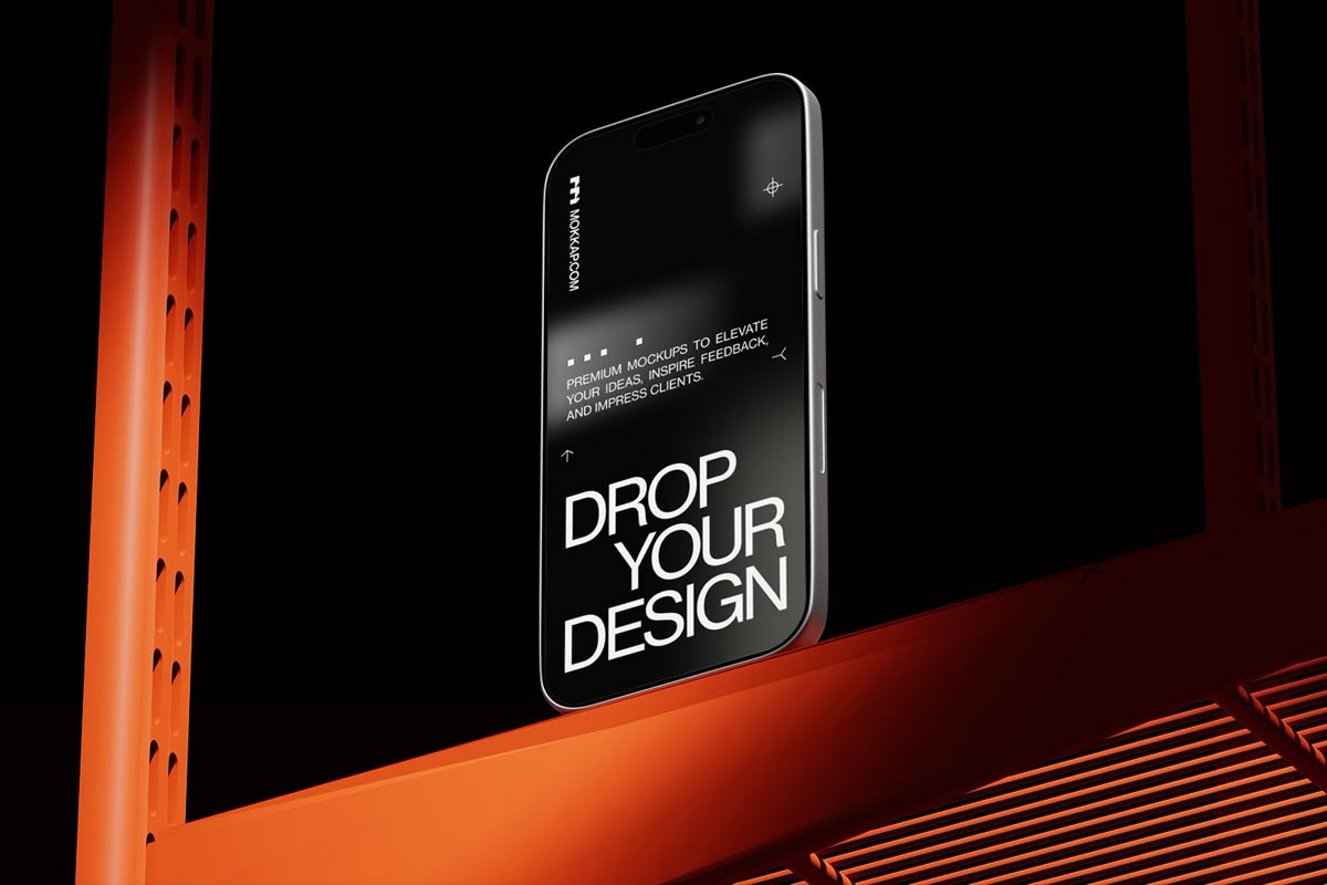 Phone displaying "DROP YOUR DESIGN" on screen, resting on orange beam.