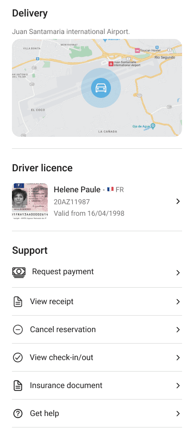 Continuation of the FlynCar ‘Reservations details’ screen showing driver’s license information, support actions (request payment, view receipt, cancel reservation), and additional booking options.