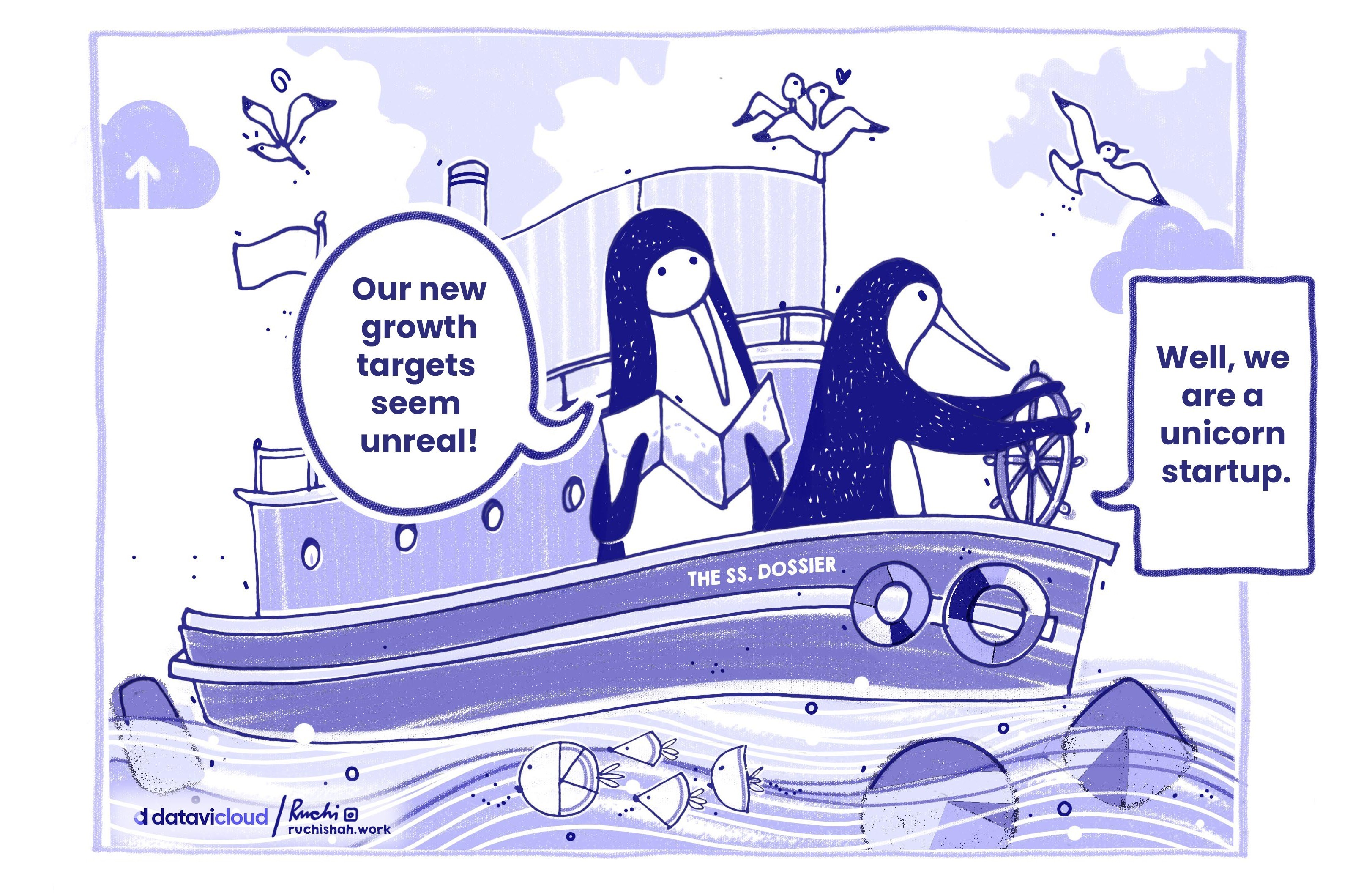A satirical comic showing penguins on a ship called "The SS Unicorn" discussing unreal growth targets.