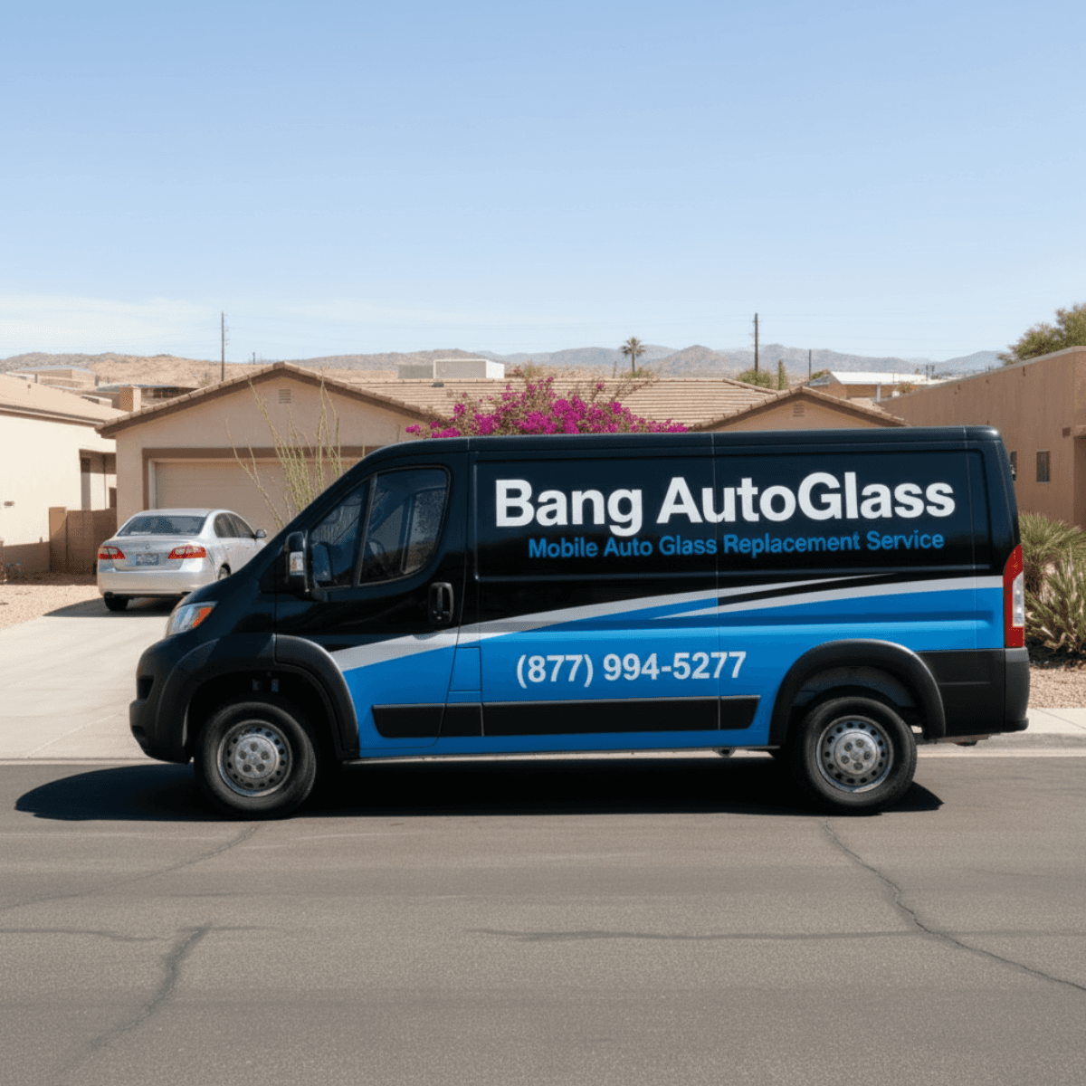 Bang AutoGlass wrapped van set up outside an Eloy, AZ residence for a doorstep windshield replacement