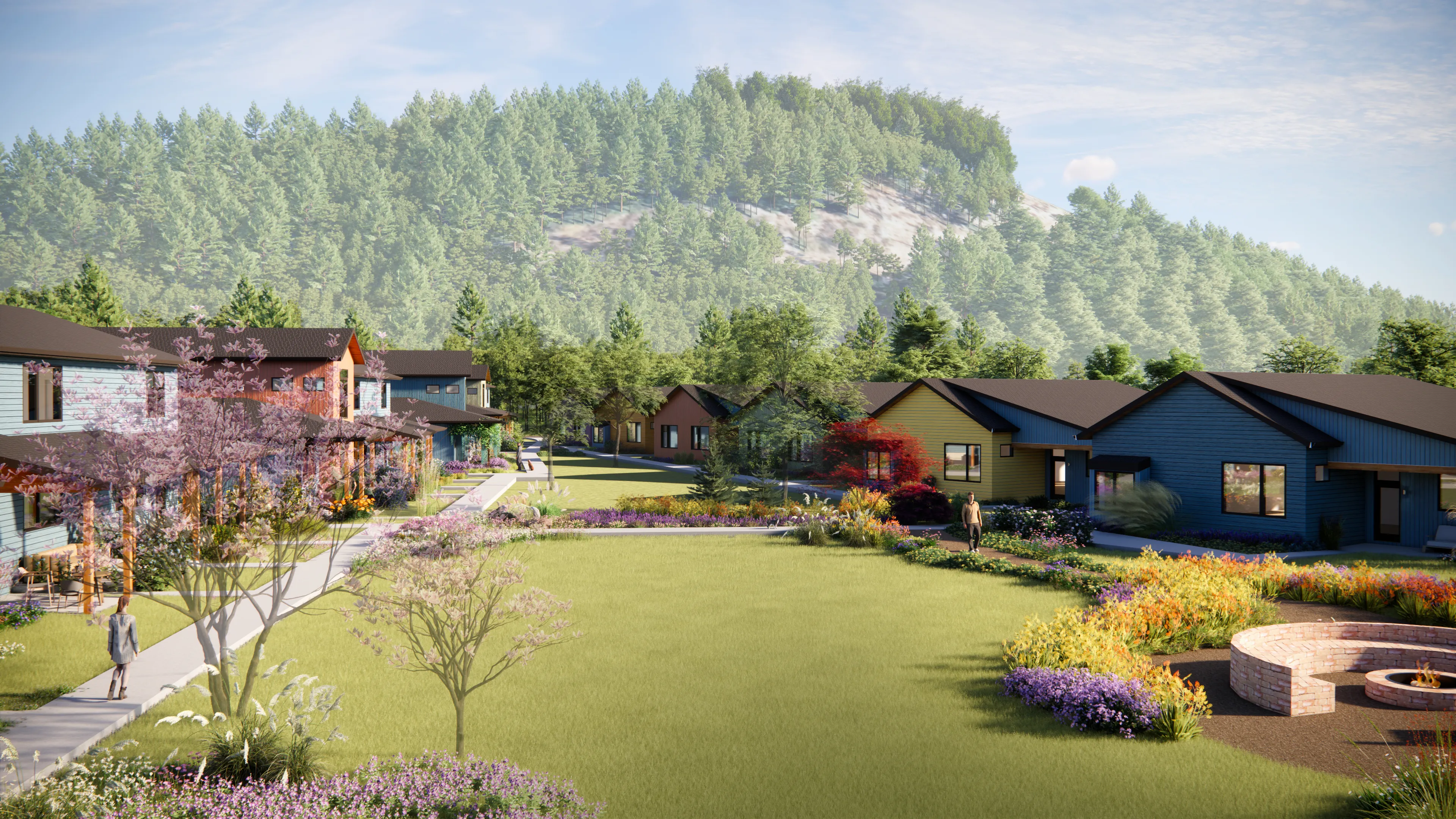 Architectural rendering of clustered homes surrounding shared green space with neighbors walking and gathering at Rooted Northwest.