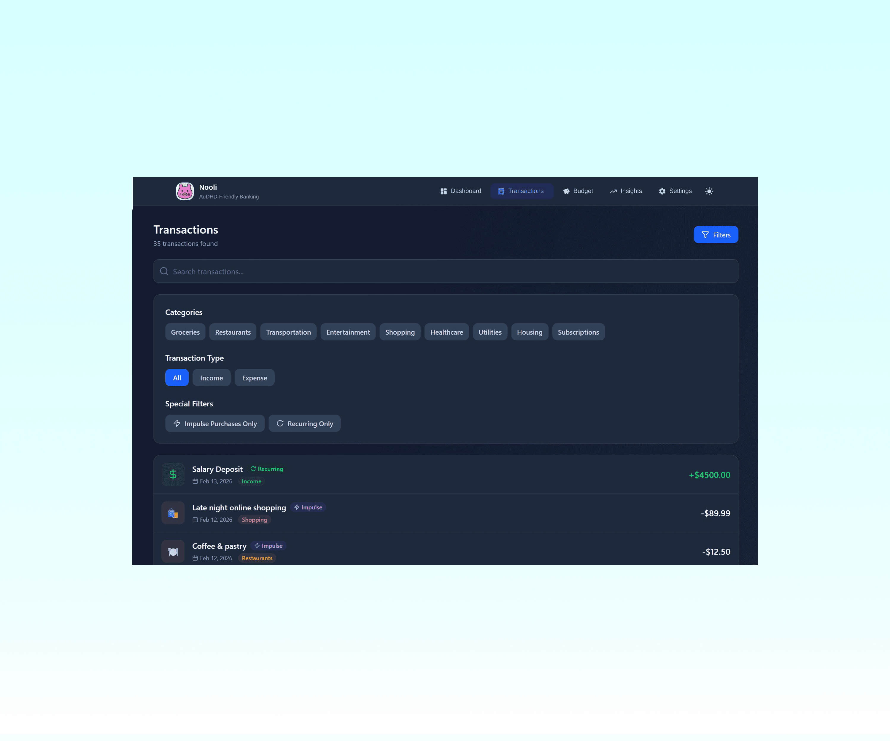 Transactions Screen with Filters