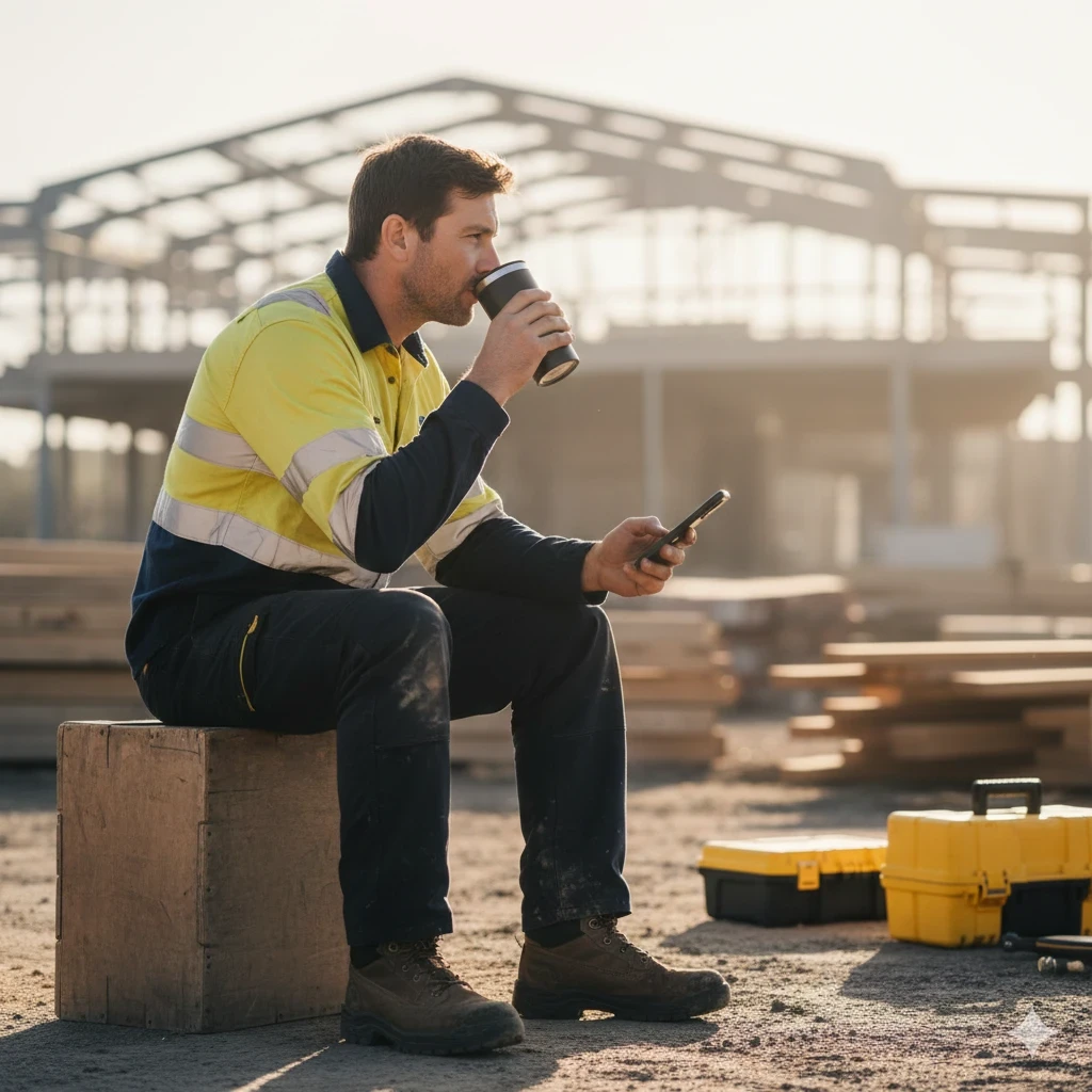 Hier sind die passenden englischen Alt-Texte für das Hero-Image des "Australian Sparkie" auf der Baustelle:  Option 1: Marken-fokussiert (Ideal für die Hero-Section) "An Australian sparkie in high-visibility workwear sitting on a construction site, taking a morning coffee break while reading the Smartest Bloke on Site newsletter on his phone, with a building frame in the background.