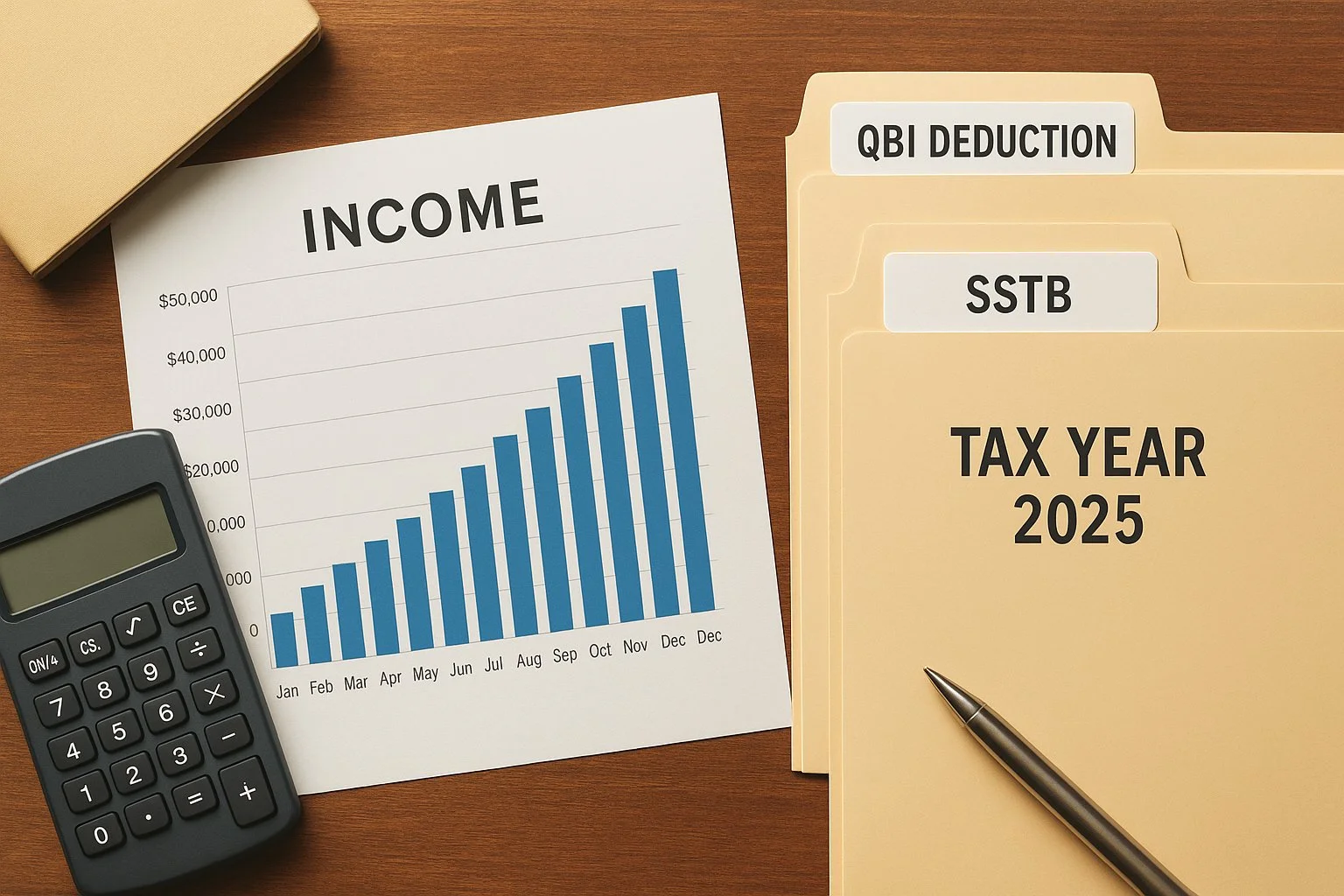 Overhead view of a professional workspace with a calculator, income chart, and folders labeled QBI Deduction, SSTB, and Tax Year 2025, representing organized business tax preparation.