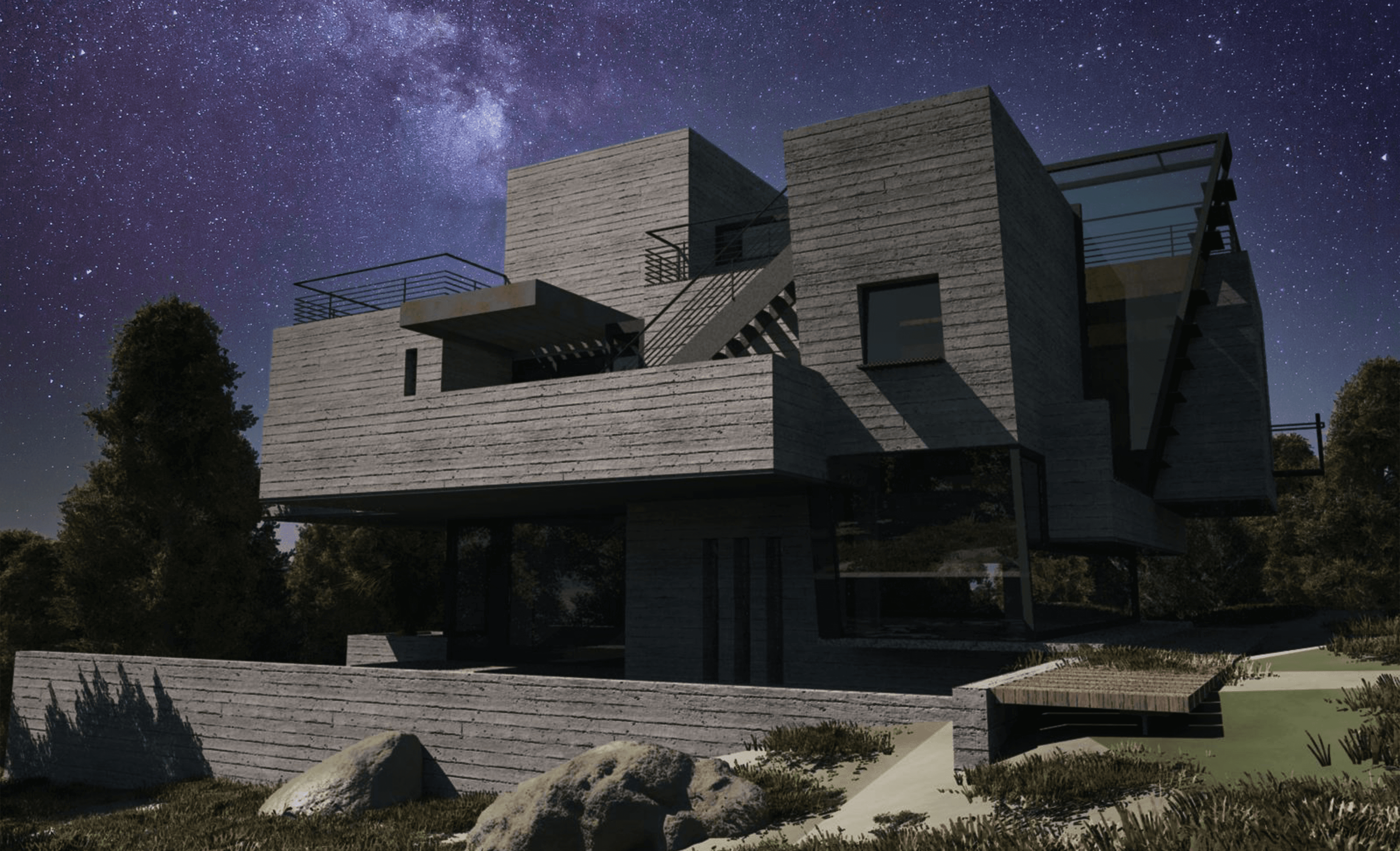 3D BIM-rendered modern house with cantilevered concrete volumes, angular geometry, and large overhangs, set within landscaped surroundings under a clear sky
