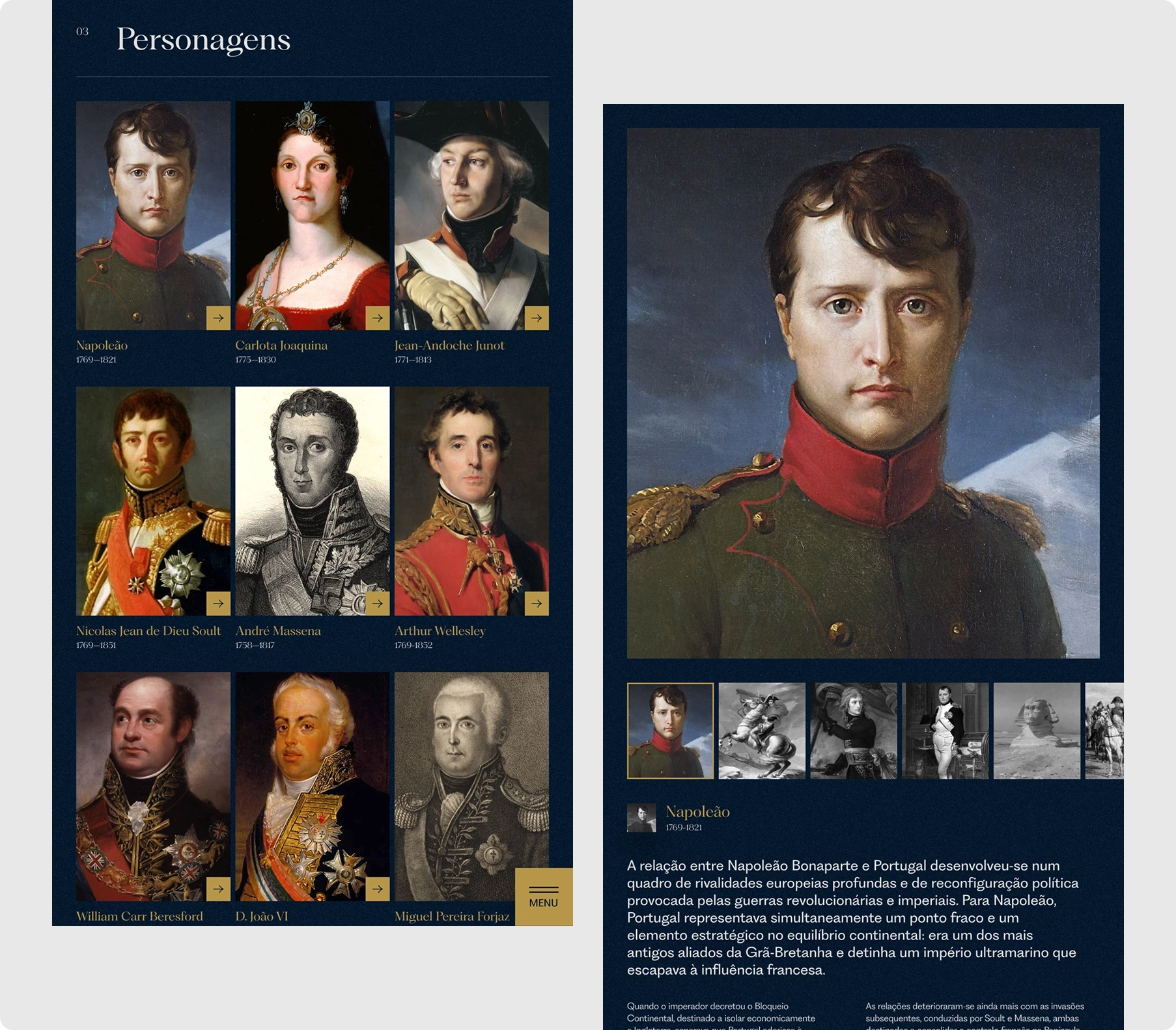 Página de exposição sobre personagens napoleônicos: nove retratos à esquerda e, à direita, grande pintura de Napoleão Bonaparte em tom solene.