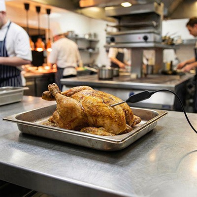 The internal temperature of a cooked chicken being mesured by a TempLog probe device.