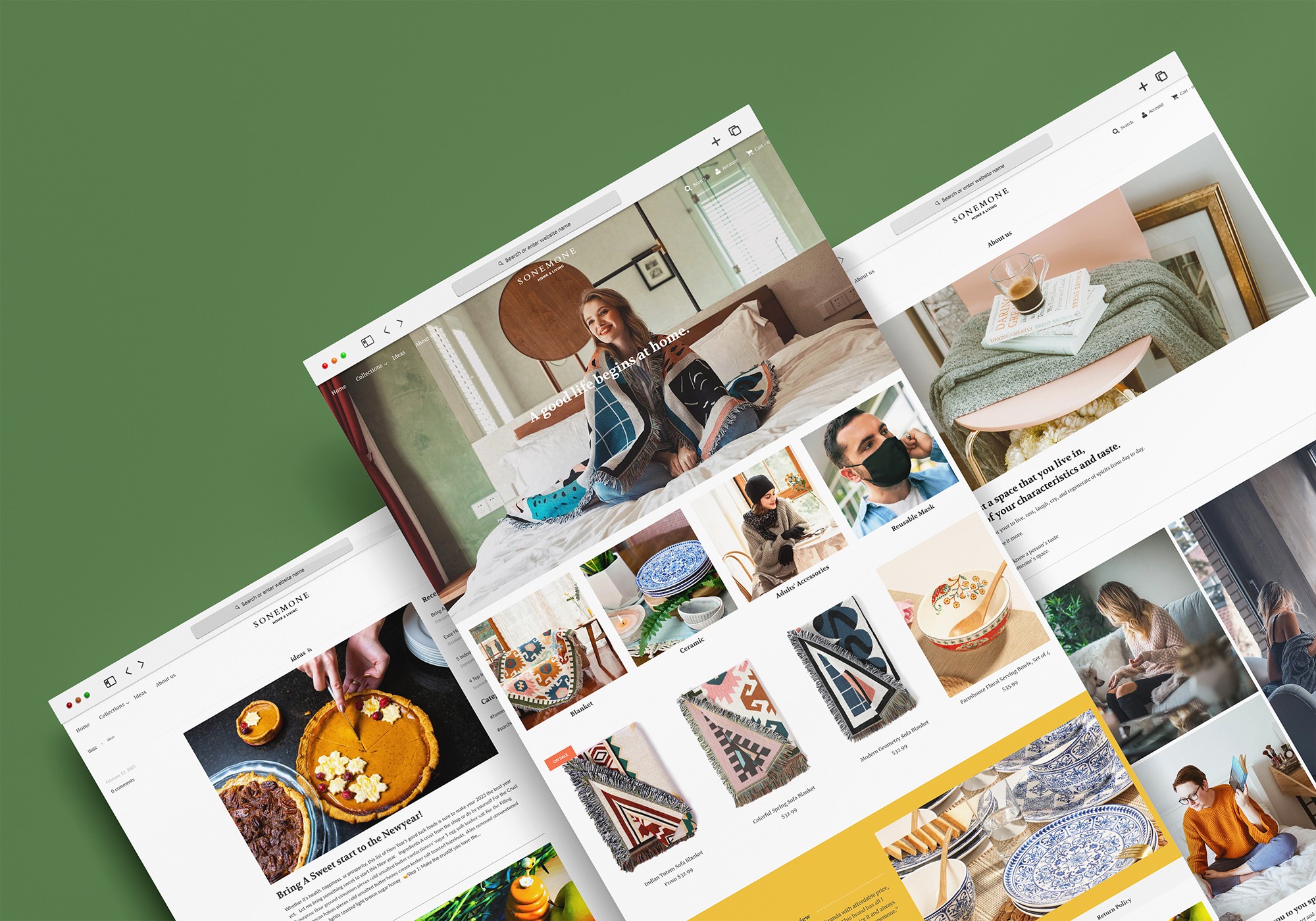 這張圖像展示了SONEMONE品牌的網站設計。網站展示了各種家居和生活產品，包括毯子、陶瓷、配件等，並強調品牌的溫馨家庭氛圍。