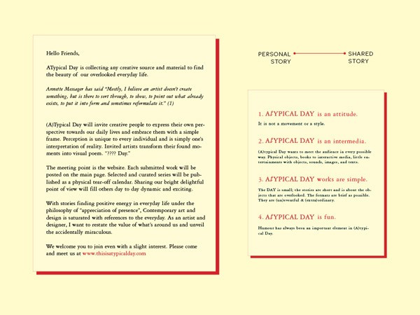 The image shows two pages side by side. The left page contains text describing Atypical Day, a platform that invites creative people to express themselves through various forms of media. The text explains that Atypical Day offers a meeting point for submissions posted on the main page, with selected works curated and published daily. The right page features a red border and contains four bullet points describing Atypical Day: it's an attitude, an intermedia platform, a simple workspace, and a fun element. The text concludes with a call to action to visit www.thisisatypicalday.com.