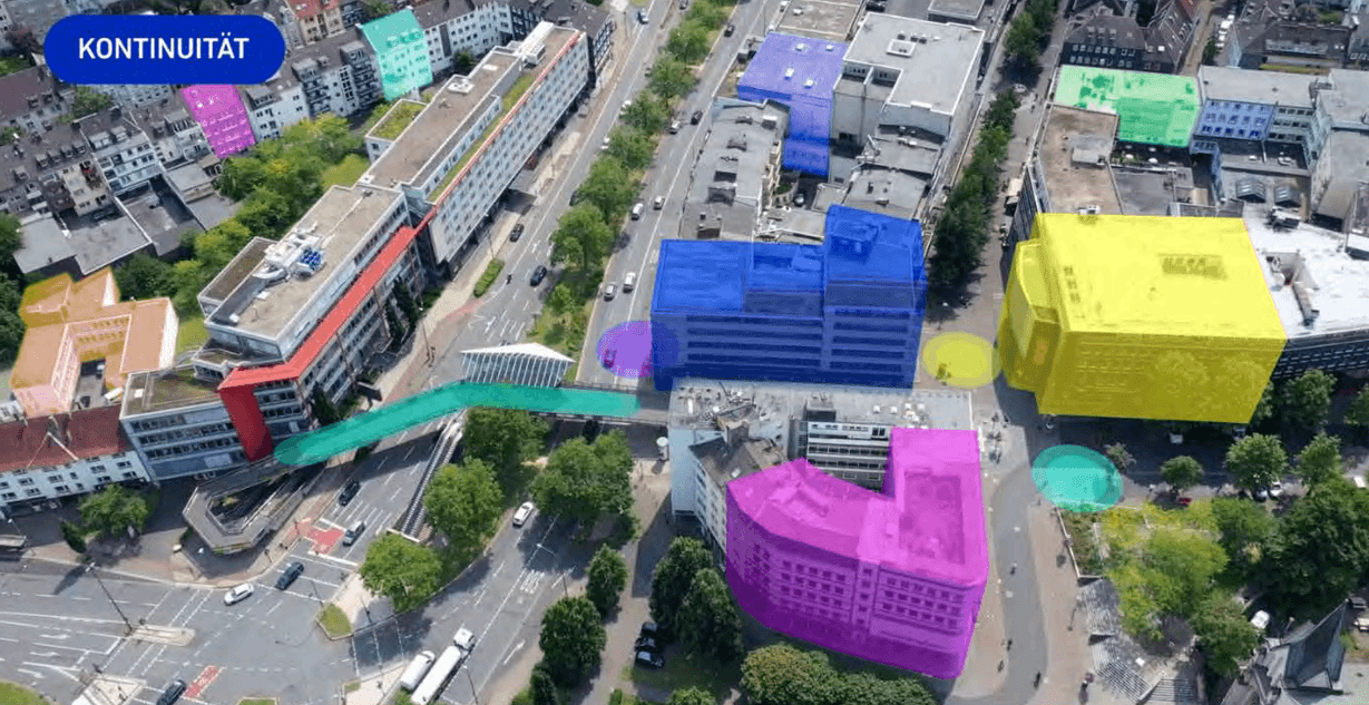 Isometrische Zeichnung eines Bauprojekts mit mehreren Gebäuden und markierten Strukturen in Rot