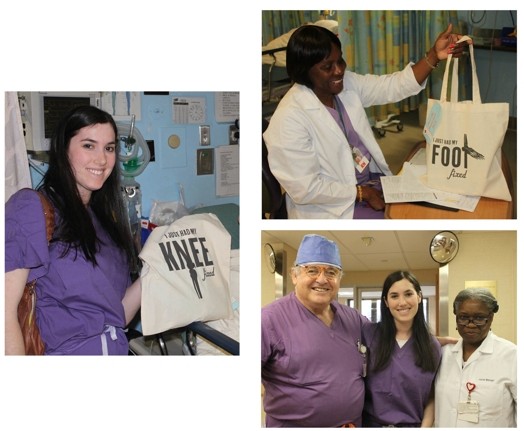 a collage of three photos, one is a portrait of three people, and the other ones are each with a person holding a white handbag