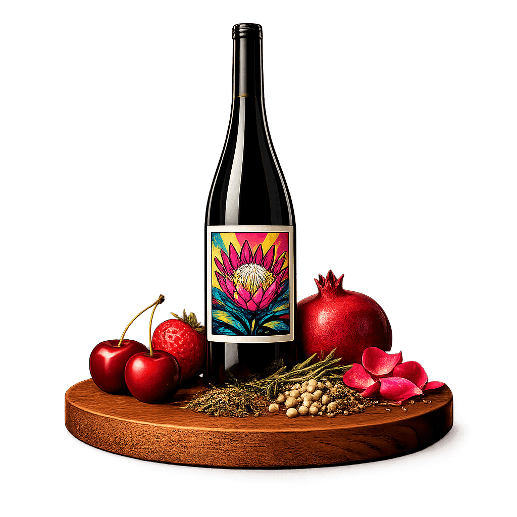 Artistic label and flavor profile for South African Cinsault on a rustic wooden table.