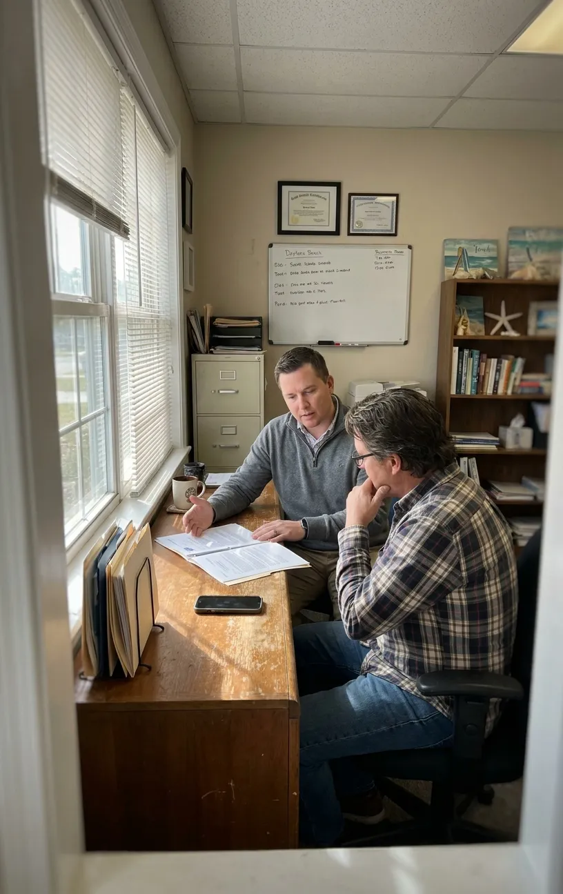 Man at desk reviewing files, RockN' Socials Digital Marketing Agency office.