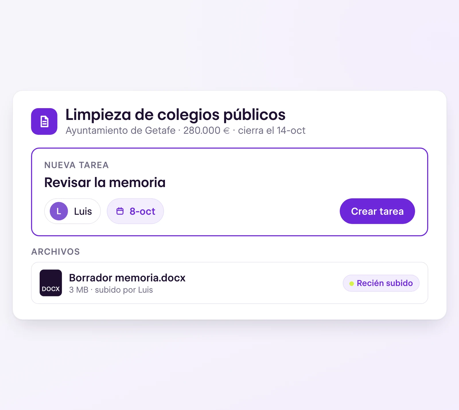 Nueva tarea «Revisar la memoria» asignada a Luis para el 8 de octubre, con el borrador de la memoria adjunto