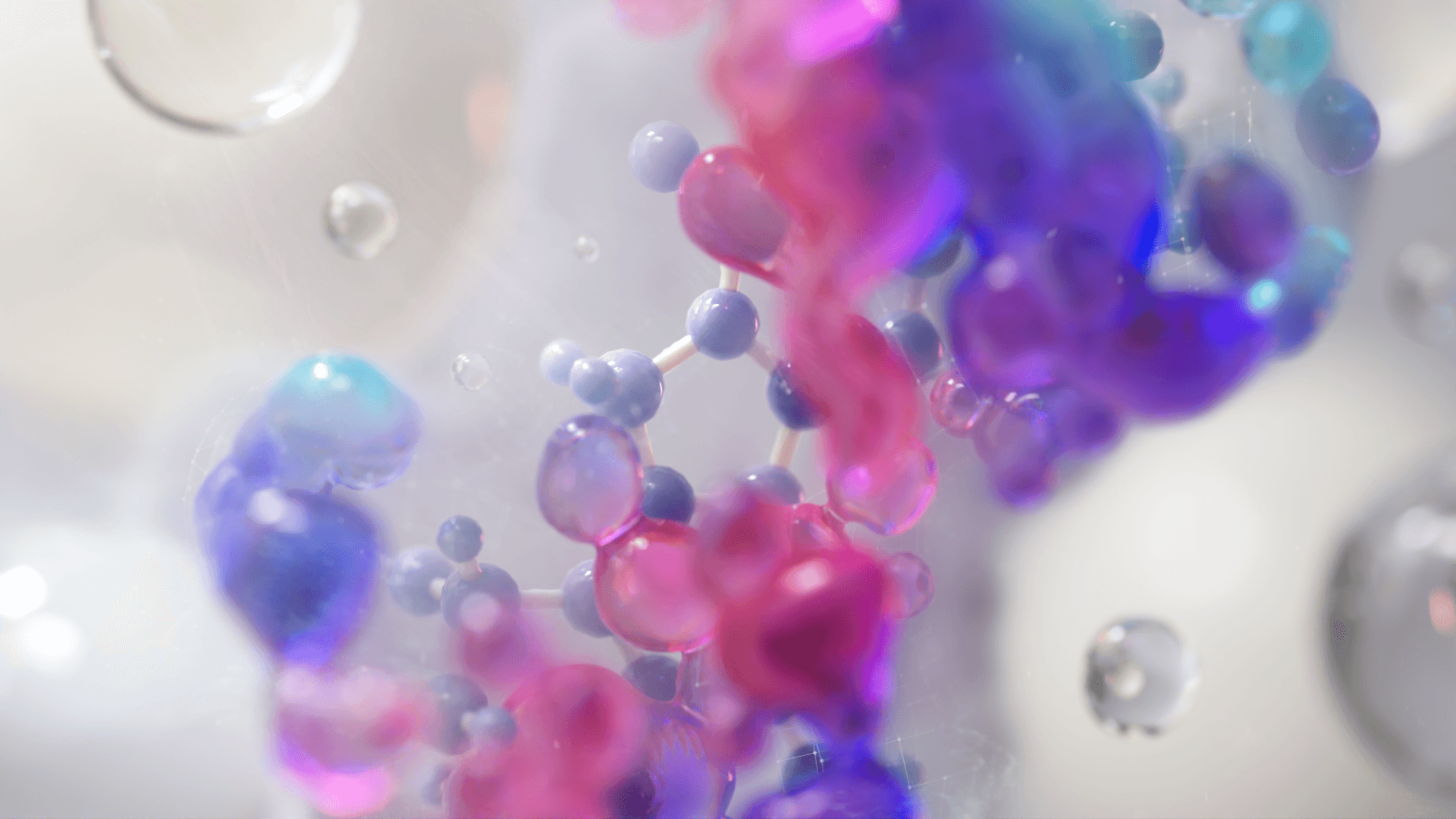 3D biomedical animation of molecular structure for pharmaceutical client, bubbles and abstract representation and aesthetic