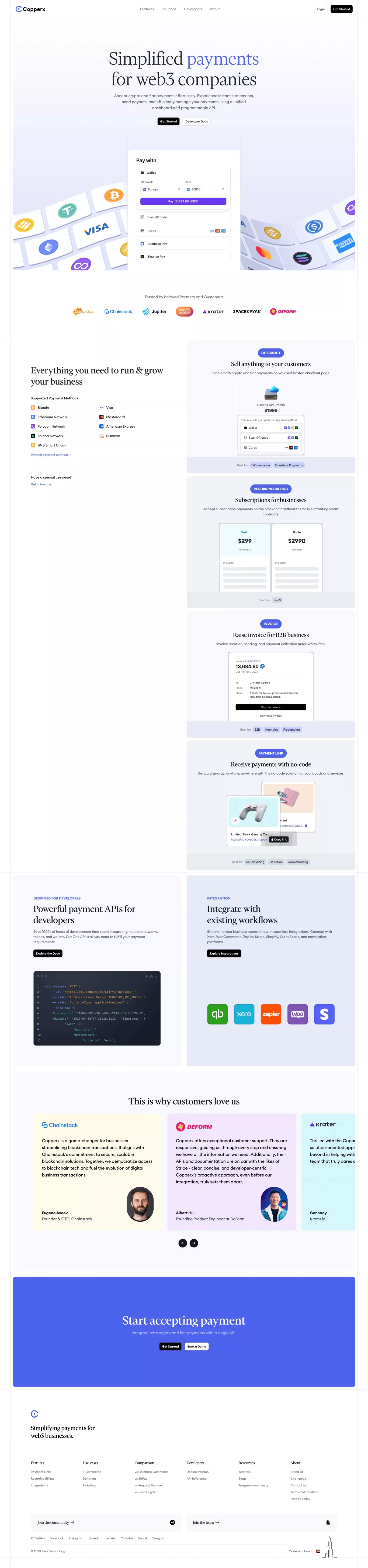Simplified payments for web3 companies - landing page screenshot showcasing Tech and Finance design