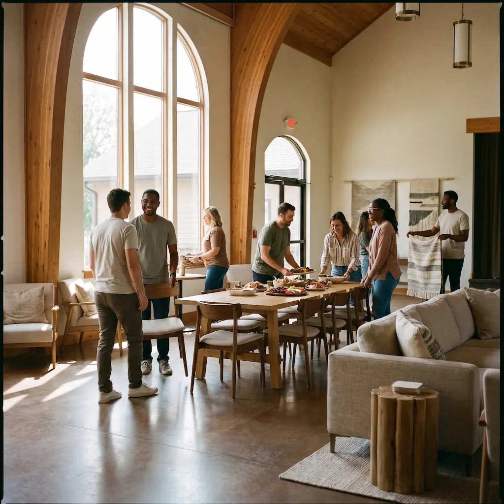 Church members preparing food together in a welcoming church hall
