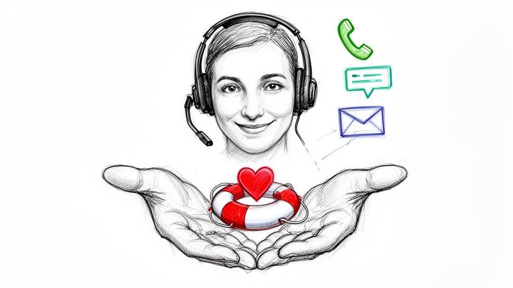 Pencil drawing of a smiling customer service agent with icons and hands holding a heart life preserver.