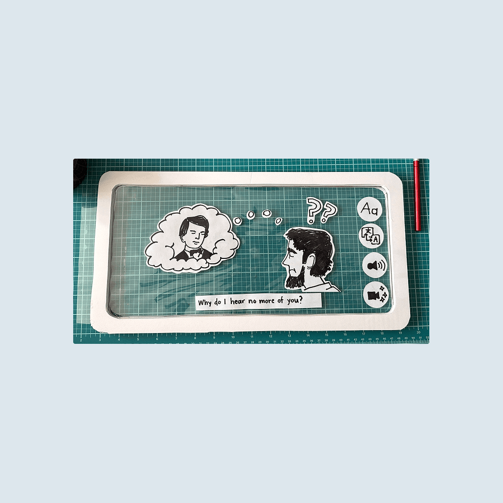 The foam-core iphone with a transparent "screen" depicting an interactive animated dialogue between Lincoln and his son
